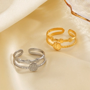 Double-layered 18K gold and silver open rings with minimalist geometric disk design