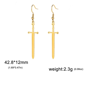 18K gold plated stainless steel long sword dangle earrings on white background