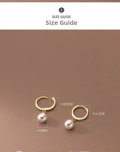 Detailed size guide of gold pearl hoop earrings with 6mm pearl and 0.9cm inner diameter