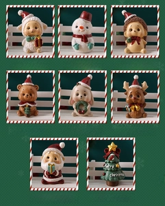 Detailed grid showing 8 mini resin Christmas figurines including Santa and reindeer