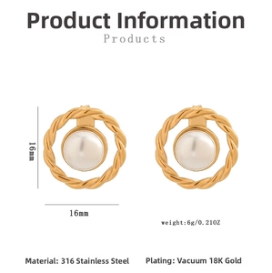 Detailed view of 16mm gold twisted hoop pearl earrings with 18K gold plating