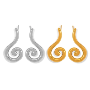 Minimalist geometric spiral stud earrings in polished gold and silver stainless steel