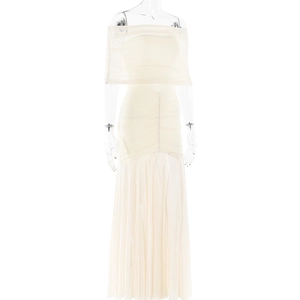 Detail of cream off-the-shoulder maxi dress with pleated bodice and flowy hemline