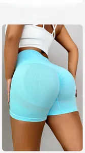 Detail view of sky blue high waisted yoga shorts with scrunch butt lifting and seamless texture