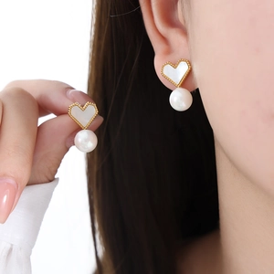 French luxury heart shell earrings with pearls and 18K gold plated titanium steel