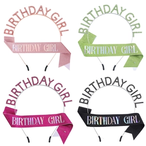 Set of 4 Birthday Girl tiaras and glitter sashes in pink, green, rose, and black