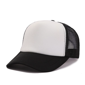 Side view of black and white mesh trucker hat with breathable design and foam front