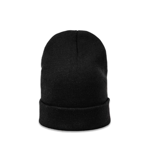 Detailed view of the fine ribbed knit texture and wide folded brim of the black beanie