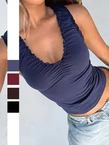 Damen Gerüschtes V-Ausschnitt Ärmelloses Slim Fit Crop Tank Top Polyester Spandex Strick Sommer Streetwear Stil