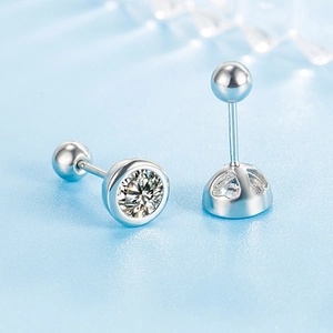 Elegant round zircon stud earrings with secure screw back ball in polished silver
