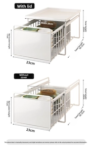 Detail view of white tiered under-sink kitchen organizers with drawer dimensions