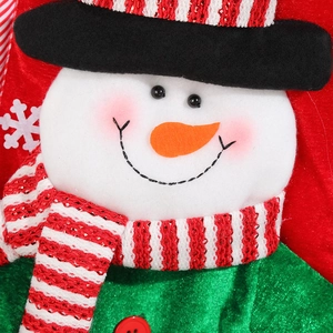 Festive plush snowman Christmas stocking with long legs for holiday gift decorations