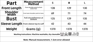 Detailed size chart and washing instructions for long British style wool coat with fur trim