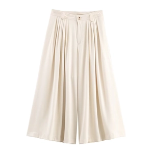 Eleganti pantaloni crema a gamba larga con vita alta e bottone, design autunnale