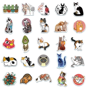 Set of 25 unique cute cartoon cat stickers for laptops and water bottles in a grid layout