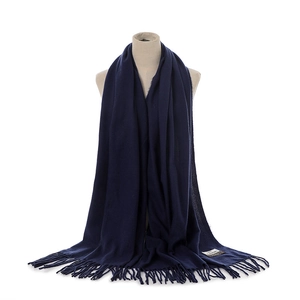 Dark blue solid color imitation cashmere scarf with tassels, warm winter fashion accessory detail.