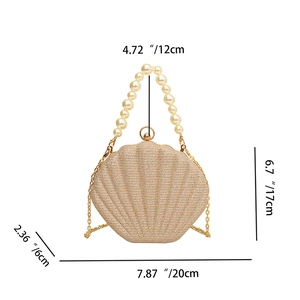 Detailed size chart of champagne shell evening bag with pearl handle and metal chain