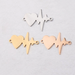 Polished stainless steel heartbeat charms in gold, silver, and rose gold for DIY jewelry