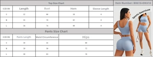 Detailed size chart for seamless sports vest and shorts yoga set with top and pants metrics