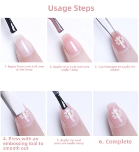 Step-by-step tutorial showing how to apply white daisy nail art stickers for a floral manicure