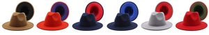 Détails de chapeaux fedora bicolores en laine à large bord avec six combinaisons de couleurs