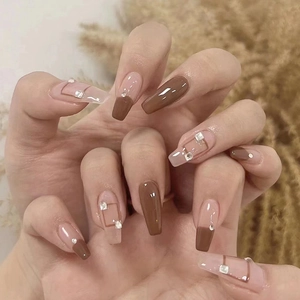 Brown Coffin Press On Nails With Rhinestone Geometric Checkered Design 24Pcs Long Fake Nails Set With Glue For Women Daily Manicure