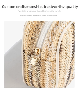 Detail of custom matte gold zipper and woven texture on a rainbow straw camera bag