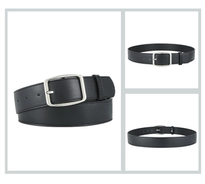 Detailed views of a black leather belt featuring a matte silver square metal buckle