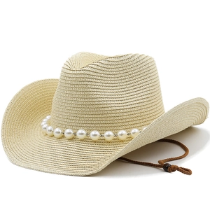 Western Cowboy Strohhut Mit Künstliche Perlenkette Sonnenschutz Strandhut Verstellbares Windseil Große Krempe Für Den Sommer