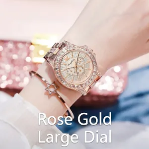 Luxury rose gold women watch with large crystal bezel and matching star bracelet