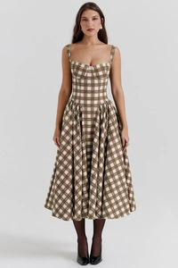 Full view of a vintage plaid A-line dress with spaghetti straps and a heart-shaped neckline