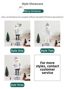 Detail of grey and silver telescopic Christmas plush dolls featuring deer and snowman