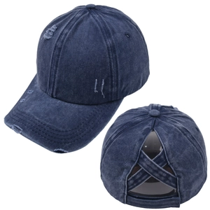 Retro washed navy denim baseball cap with criss-cross ponytail hole and distressed details