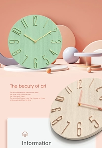 Close-up of minimalist wood grain wall clock with 3D gold numerals and silent movement