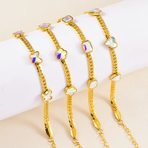 Minimalist Stainless Steel Iridescent Stone Butterfly Heart Flower Bracelet Gold Plated Cuban Link Chain Jewelry For Women