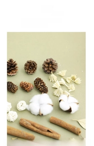Macro detail of natural pine cones, cotton balls, and cinnamon sticks for DIY crafts