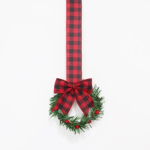 Christmas Mini Wreath Hanging Ornament Red Berries Buffalo Plaid Ribbon Bow Pine Needle Cabinet Window Wall Decoration