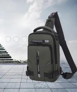Detail view of the green nylon chest bag featuring a built-in USB charging port and zipper