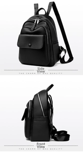 Detail view showing black pebble leather texture and silver zippers on women backpack