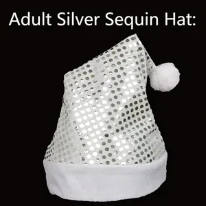 Detail of silver sequin Christmas hat with plush white trim and 40x29cm size labels