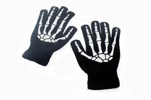 Detail of knitted skeleton gloves with white bone print for Halloween costumes
