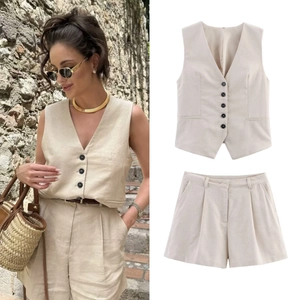 V Neck Button Vest And High Waist Wide Leg Shorts Outfit Summer Casual Linen Look Solid Color Sleeveless Elegant For Women