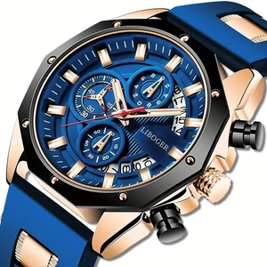 Men's sports watch with blue silicone strap and multifunctional calendar chronograph dial