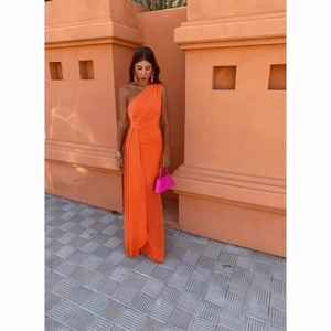 Robe Longue Élégante Une Épaule Pour Femme Polyester Taille Haute Froncée Coupe Ajustée Asymétrique Soirée Fête