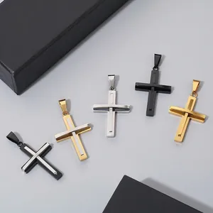 Layered Design Cross Pendant Necklace Stainless Steel Religious Hip Hop Punk Fashion Jewelry Gift For Men Boys