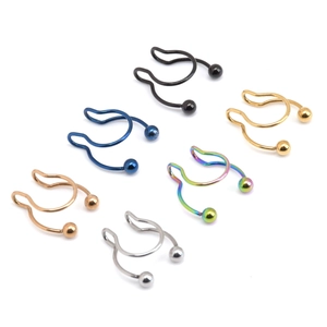 Set of U-shaped stainless steel fake septum nose rings in six metallic multi-colors