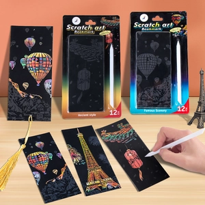 12-piece scratch art bookmark set featuring world landmarks and ancient styles with tools