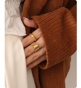 Detail of 18K gold plated geometric ring set showing rope texture and hollow metal bands