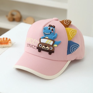 Detailed view of pink kid's baseball cap with 3D silicone dinosaur and G-style embroidery