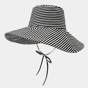 Wide brim striped sun hat with adjustable chin strap for outdoor UV protection